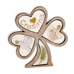 Bomboniera icona Cresima in resina e legno Trifoglio H 10 cm art 04A369