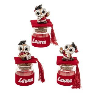 Bomboniera Gufo resina Laurea rosso barattolo h 11 cm confezione 3 pz art 04A397
