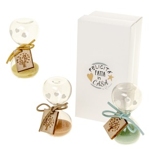 Bomboniera Clessidra Vetro targhetta legno albero vita h 8 cm con scatola set 3 pz art 07A104