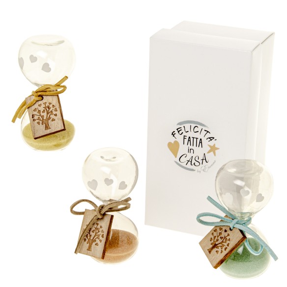 Bomboniera Clessidra Vetro targhetta legno albero vita h 8 cm con scatola set 3 pz art 07A104