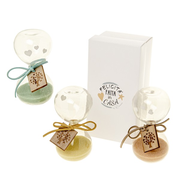 Bomboniera Clessidra Vetro targhetta legno albero vita h 10 cm con scatola set 3 pz art 07A106