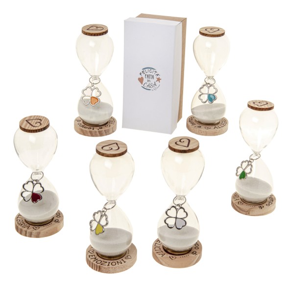 Bomboniera Clessidra Vetro con base legno h 13,5 cm con scatola set 6 pz art 07A112