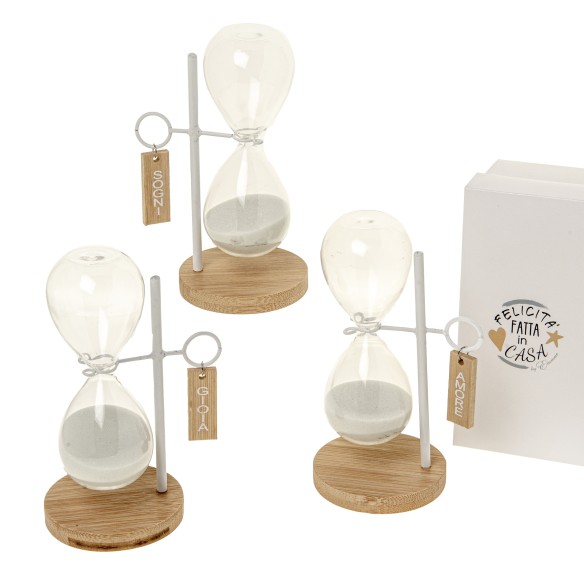 Bomboniera Clessidra Vetro con base legno h 14,5 cm con scatola set 3 pz art 07A119