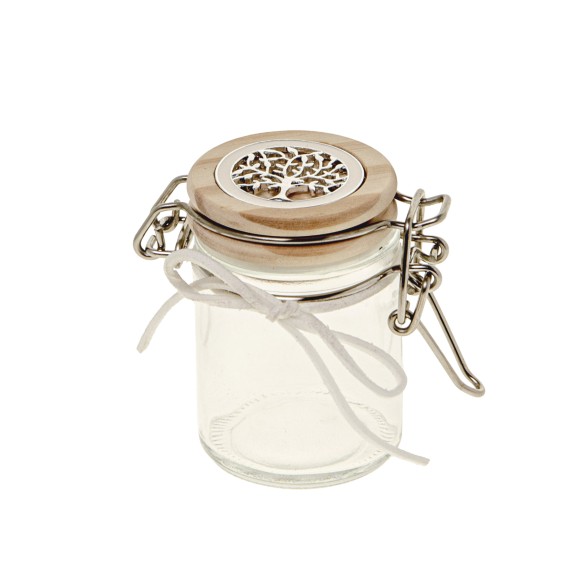 Bomboniera barattolo ermetico Vetro tappo legno inserto albero della Vita h 7 cm art 07A132
