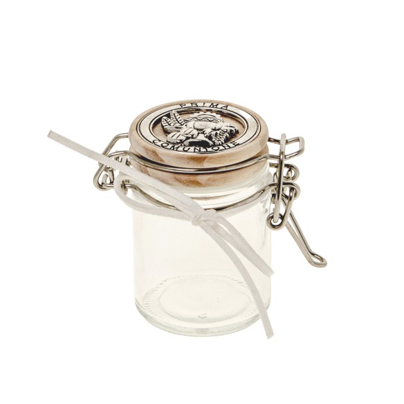 Bomboniera barattolo ermetico Vetro tappo legno inserto Comunione h 7 cm art 07A133