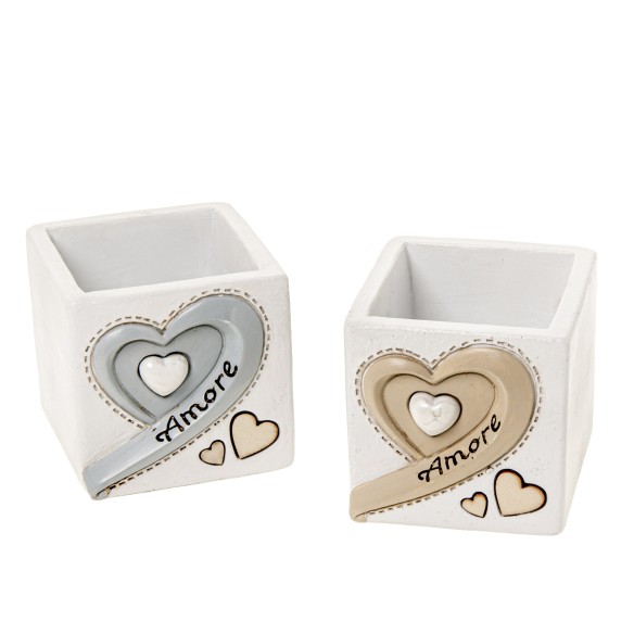 Bomboniera porta pianta in resina e legno cuore 7 x 7 cm con scatola set 2 pz art 08A145
