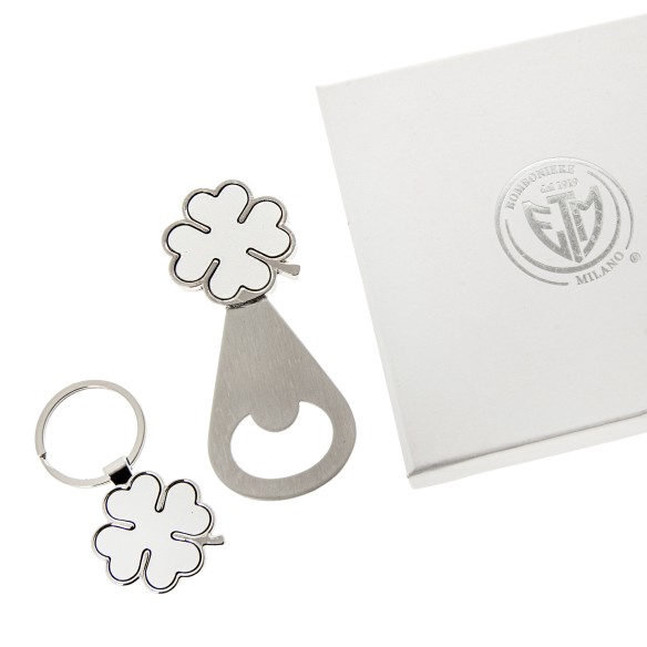 Bomboniera apribottiglia e portachiavi quadrifoglio metallo argentato 10 cm con scatola set 2 pz art 12A104