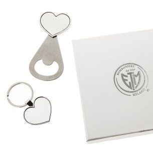 Bomboniera apribottiglia e portachiavi cuore metallo argentato 10 cm con scatola set 2 pz art 12A106
