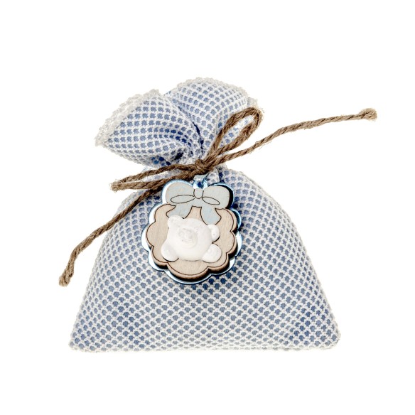 Bomboniera sacchetto in tessuto celeste con orsetto gesso10 x 12 cm confezione 12 pz art C2610