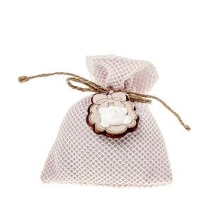 Bomboniera sacchetto in tessuto rosa con orsetto gesso 10 x 12 cm confezione 12 pz art C2611