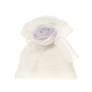 Bomboniera sacchetto in tessuto bianco inserto fiore tipo rosa bianca 10 x h 12 cm confezione 12 pz art C2678