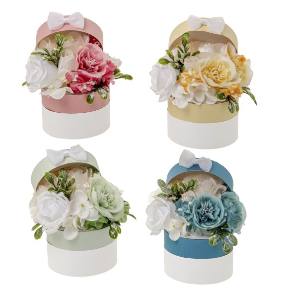 Bomboniera scatola decorativa contenitore con bouquet di fiori vari colori dm 13 x h 16 cm set 4 pz art SC703