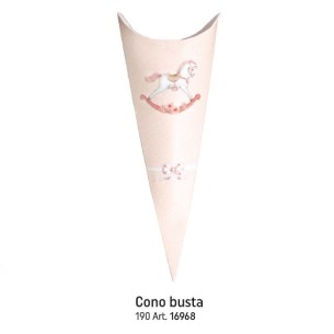 Scatola bomboniera tipo cono busta con cavallo a dondolo rosa h 19 cm confezione 10 pz art 16968