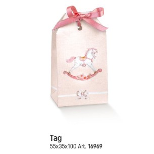 Scatola bomboniera tipo tag con cavallo a dondolo rosa 5,5 x 3,5 x h 10 cm confezione 10 pz art 16969