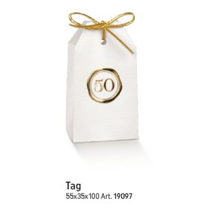 Scatola bomboniera tipo tag con numero 50 esimo anniversario 5,5 x 3,5 x h 10 cm confezione 10 pz art 19097