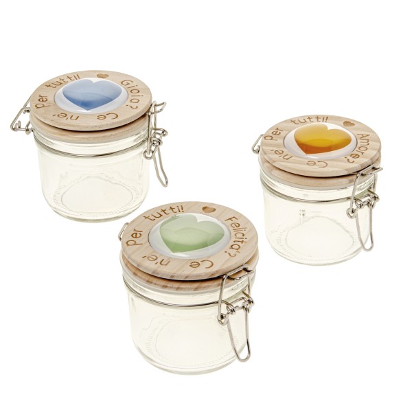 Bomboniera barattolo vetro ermetico con tappo legno con cuore h 9 cm set 3 pz art 07A131