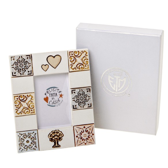 Bomboniera porta foto in resina inserti legno 10 x h 12 cm con scatola art 08A140