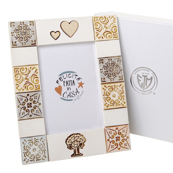 Bomboniera porta foto in resina inserti legno 15 x h 19 cm con scatola art 08A141