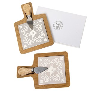 Bomboniera set formaggio in legno inserto maiolica porcellana 12 x 20 cm con scatola set 2 pz art 08A165