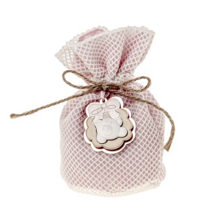 Bomboniera sacchetto tondo in tessuto rosa con orsetto gesso10 cm confezione 12 pz art C2613
