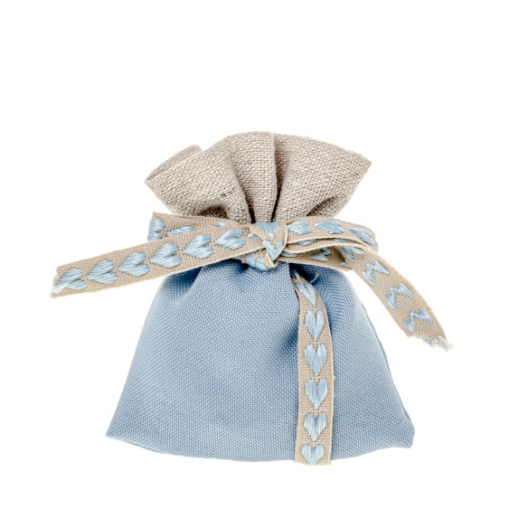 Bomboniera sacchetto tessuto celeste con nastro cuori 8 x h 10 cm confezione 12 pz art C2614