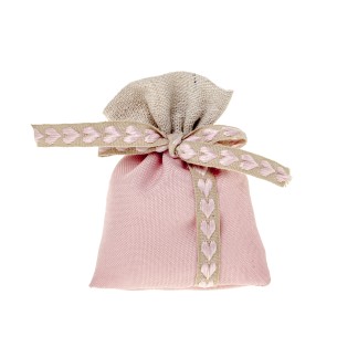 Bomboniera sacchetto tessuto rosa con nastro cuori 8 x h 10 cm confezione 12 pz art C2615
