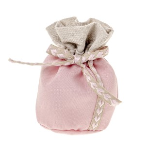 Bomboniera sacchetto tondo tessuto rosa con nastro cuori 10 cm confezione 12 pz art C2619