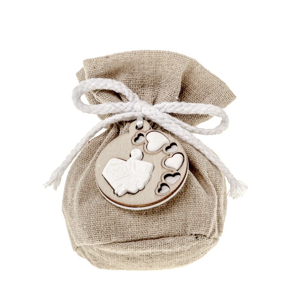 Bomboniera sacchetto tondo in tessuto grezzo inserto gesso cresima 10 cm confezione 12 pz art C2627