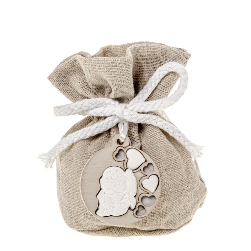 Bomboniera sacchetto tondo in tessuto grezzo inserto gesso comunione 10 cm confezione 12 pz art C2626