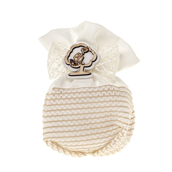 Bomboniera sacchetto quadrato in tessuto bianco inserto legno cresima 10 cm confezione 12 pz art C2639