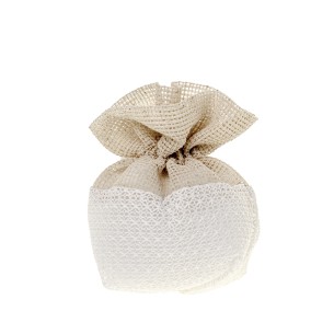 Bomboniera sacchetto quadrato in tessuto bianco e naturale 10 cm confezione 12 pz art C2650