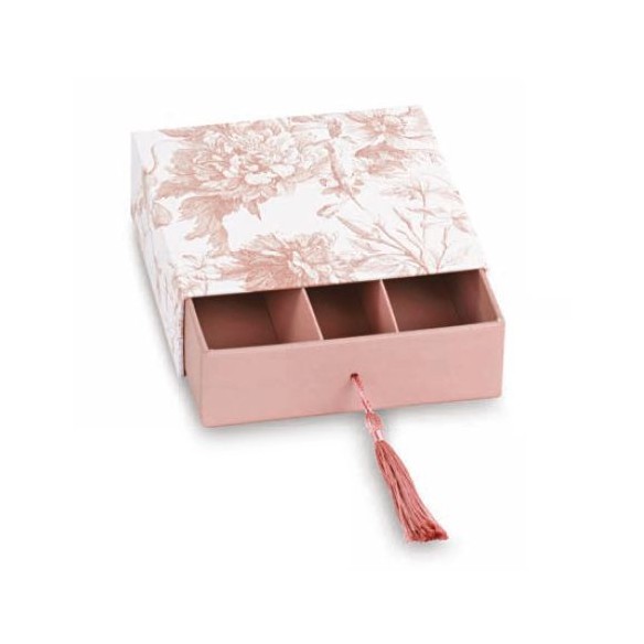 Bomboniera scatola toile colore cipria con inserto nappina 7 x 7 x h 3 cm confezione 6 pz art 29853