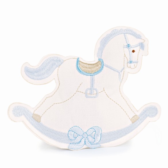 Bomboniera sacchetto cavallo a dondolo azzurro contenitore 15 x h 13 cm confezione 12 pz art 29619