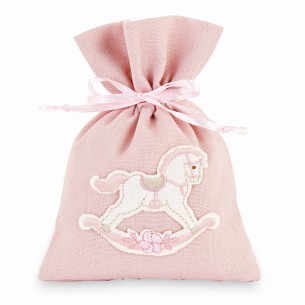 Bomboniera sacchetto confetti in tessuto rosa con cavallo a dondolo 10 x h 14 cm confezione 12 pz art 29626