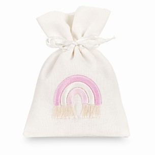 Bomboniera sacchetto tessuto bianco con arcobaleno rosa 10 x h 14 cm confezione 12 pz art 29829