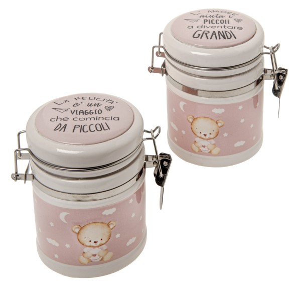 Bomboniera barattolo ermetico Porcellana Rosa orsetto h 10,5 cm set 2 pezzi art 02A187