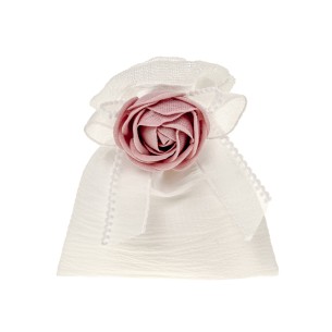 Bomboniera sacchetto in tessuto bianco inserto fiore tipo rosa rosa antico10 x h 12 cm confezione 12 pz art C2679