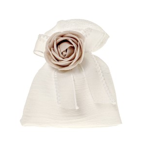 Bomboniera sacchetto in tessuto bianco inserto fiore tipo rosa beige 10 x h 12 cm confezione 12 pz art C2680