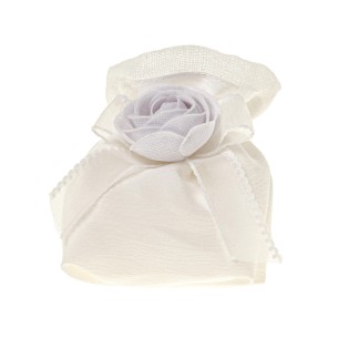 Bomboniera sacchetto quadrato in tessuto bianco inserto fiore tipo rosa bianca 10 cm confezione 12 pz art C2681