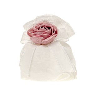 Bomboniera sacchetto quadrato in tessuto bianco inserto fiore tipo rosa rosa antico 10 cm confezione 12 pz art C2682