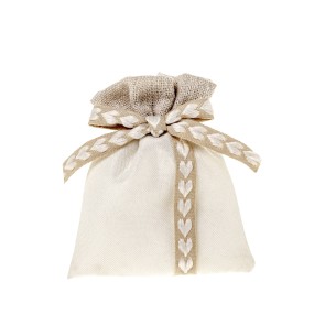 Bomboniera sacchetto in tessuto beige con fascia cuori beige 8 x 10 cm confezione 12 pz art C2691