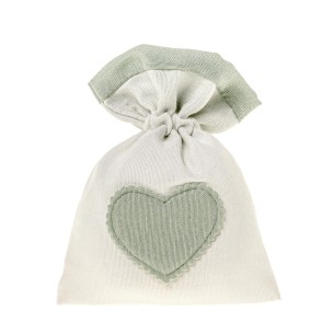 Bomboniera sacchetto in tessuto bianco con inserto cuore verde 10 x h 13 cm confezione 12 pz art C2697