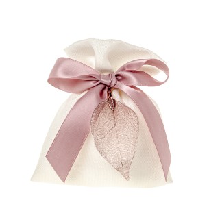 Bomboniera sacchetto in tessuto bianco inserto foglia rosa antico 10 x h 12 cm confezione 12 pz art C2715