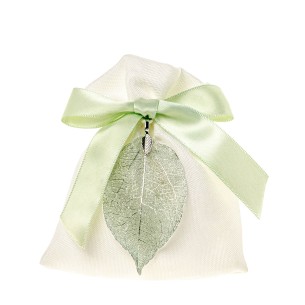 Bomboniera sacchetto in tessuto bianco inserto foglia verde 10 x h 12 cm confezione 12 pz art C2717