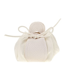 Bomboniera sacchetto in tessuto bianco tipo borsetta inserto fascia pelle bianca 9 cm confezione 12 pz art C2718