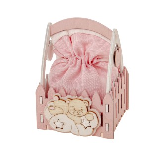 Bomboniera sacchetto confetti orsetto cesto rosa legno h 11 cm confezione 6 pz art SC657
