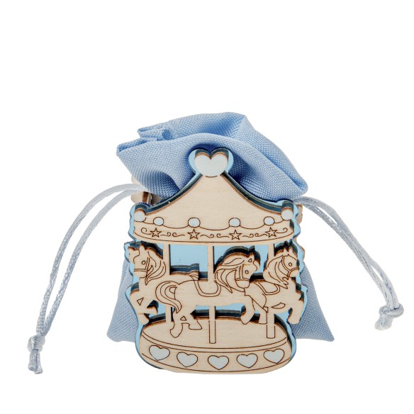Bomboniera giosta carosello in legno celeste con sacchetto tessuto confetti h 8 cm confezione 6 pz art SC662