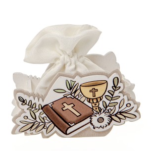 Bomboniera simbolo Comunione in legno con sacchetto bianco confetti h 8 cm confezione 6 pz art SC670