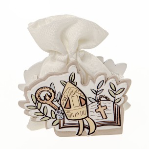 Bomboniera simbolo Cresima in legno con sacchetto bianco confetti h 8 cm confezione 6 pz art SC671