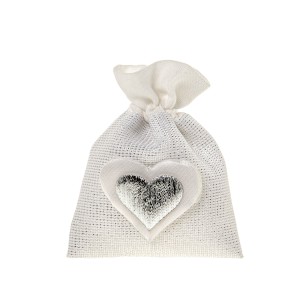 Bomboniera sacchetto tessuto con inserto cuore argento 8 x h 10 cm confezione 12 pz art C2735